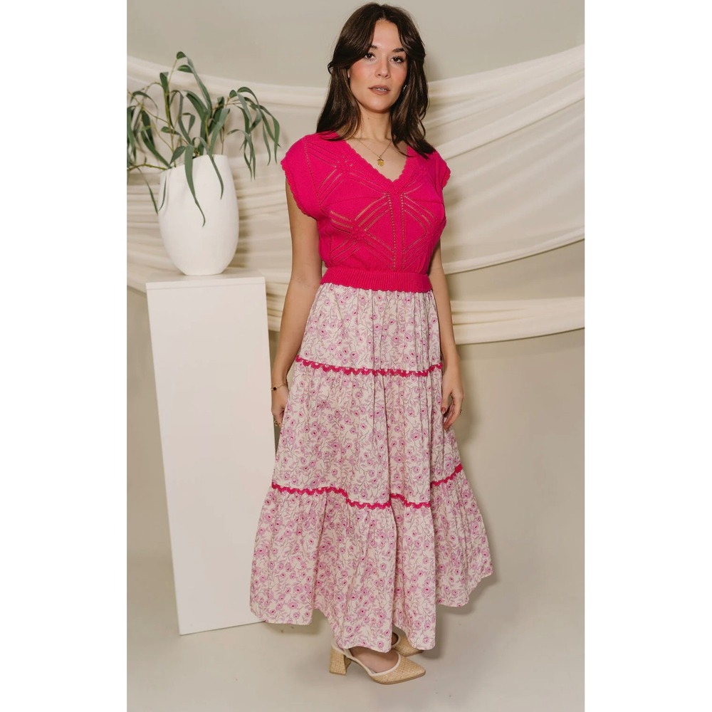 Entro Mixed Media Tiered Maxi Dress Small Pink Floral Knit Pointelle 100% Cotton